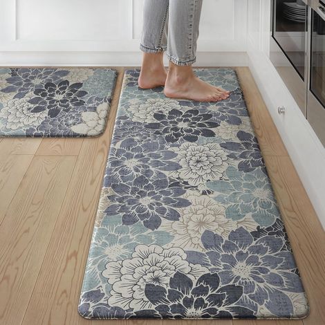 Kitchen floor mat, absorbent and non-slip PVC mat, oil-resistant, washable, long strip mat for winter entryway - Floral design - Navy blue - 441501.0cm
