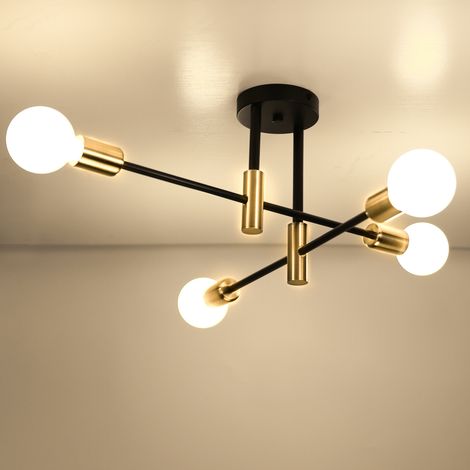 Deckenleuchte Metall E27 Deckenleuchte Moderne Industrielle, Kronleuchter 4 Edison Fassungen, Aufhängung Innenbeleuchtung für Wohnzimmer, Schlafzimmer, Café, Schwarz und Kupfer (1/4)