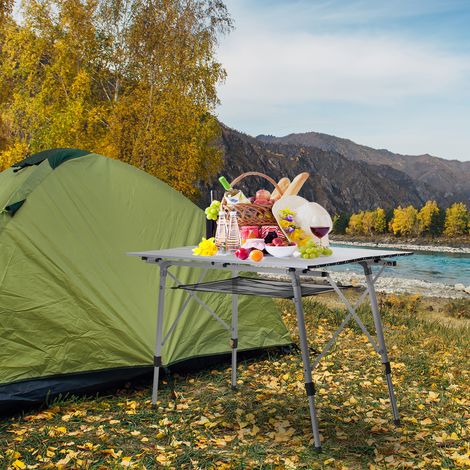 Outsunny Picknick Klapptisch, Falttisch, Höhenverstellbarer Campingtisch, Inkl. Tragetasche, Aluminium, Silber, 120 x 69 x 59-78 cm