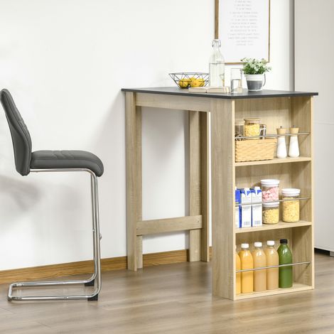 Table de bar table haute de cuisine mange-debout comptoir - dim. 112L x 57l x 106H cm - 3 étagères - aspect chêne clair noir