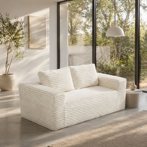 Canapé 160 x 88 x 58cm 2 places sans cadre en velours côtelé mousse haute densité sans montage assise profonde pour petit espace beige (1/5)