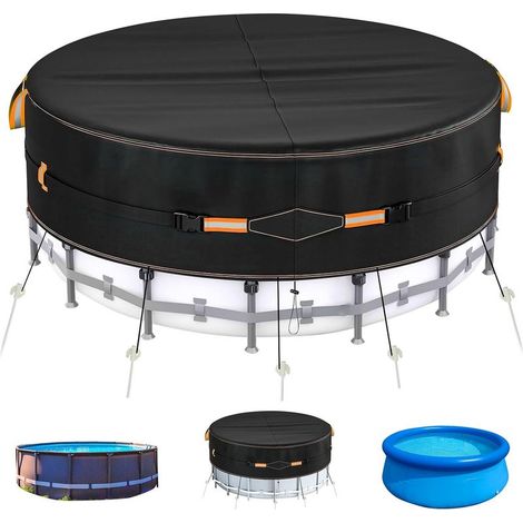 12ft Black Premium All-Weather Round Above Ground Pool Cover with Safety Straps, Outdoor Pool Cover Protector for Outdoor Pool (1/5)
