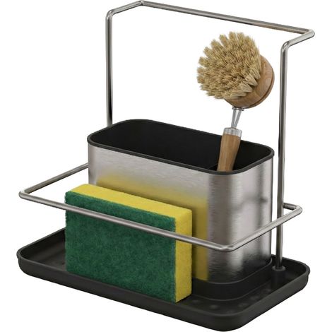 Relaxdays Spülbecken Organizer, mit Abtropfschale & Schwammhalter, HBT: 19x21x12 cm, Spülset Küche, Edelstahl, silber
