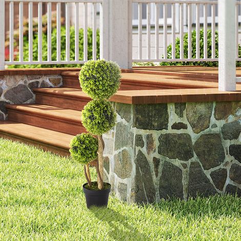 Plante de buis artificielle avec 3 boules, pot et base renforcée inclus. Hauteur : 90 cm. (1/5)