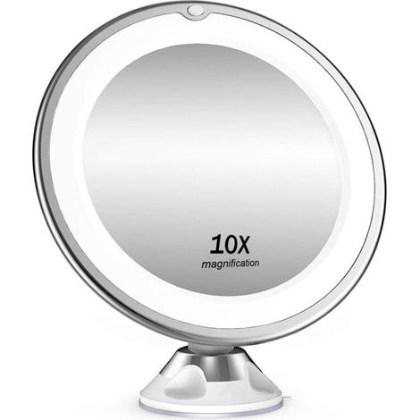 Miroir cosmétique grossissant x 10, éclairage LED, pivotant à 360°, miroir de rasage avec ventouse, pour la maison et les voyages, blanc (1/4)