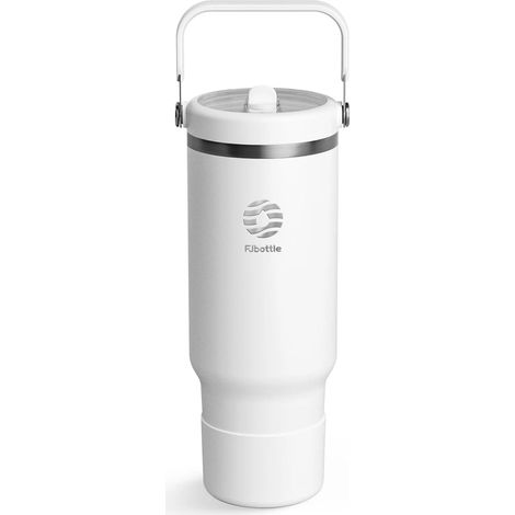 (Blanc, 1200 ml) Mug à café isotherme sous vide avec couvercle à paille, en acier inoxydable, avec poignée, adapté aux voyages et à une utilisation en voiture. (1/4)