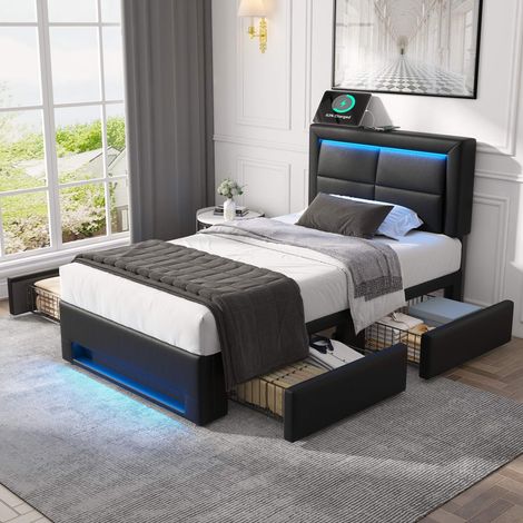 Lit rembourré 90x200 cm noir en similicuir PU, LED 12 couleurs, 2 USB et recharge sans fil, 4 tiroirs, sommier à lattes inclus, sans matelas (1/5)