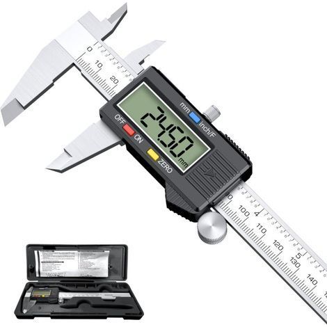 Calibrador digital de acero inoxidable de 150 mm, pantalla LCD grande, precisión ajustable de 0,01 mm, conversión mm/pulgada, resistente a salpicaduras, para uso doméstico e industrial. (1/5)