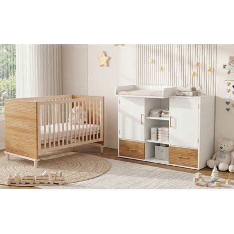 Ensemble table à langer et lit bébé bois naturel avec plan à langer et barrière amovible pour chambre de bébé et nursery (1/5)