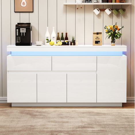 Credenza da soggiorno 140 x 35 x 72,5 cm con 2 cassetti, 4 ante, LED, bianca OKMYHOME (1/5)