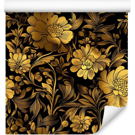 Papier peint ocre hibiscus doré, motifs doux pour salon et chambre 50x1000 (1/5)