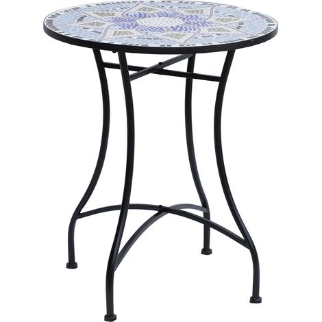 Runder Bistro-Gartentisch mit Mosaikmuster, 60 cm – Keramikplatte für Terrasse – Blau und Weiß
