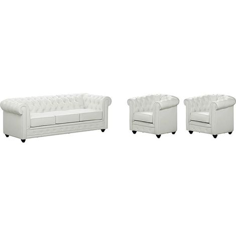 Vente-Unique – Canapé droit 3 places CHESTERFIELD – 205 cm – Simili blanc – Coussins déhoussables – Charge max 360 kg – 2 fauteuils inclus (1/5)