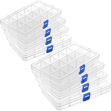 Boite Rangement Plastique - Lot de 8 - PP Transparent - 15 Compartiments Réglables - Pour Bijoux Et Vis - 17,2x10x2,2cm (1/5)