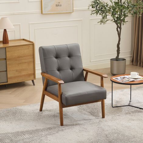 Poltrona 80x64x83 cm in pelle e legno grigio, stile scandinavo per soggiorno FLORAGRACE (1/5)