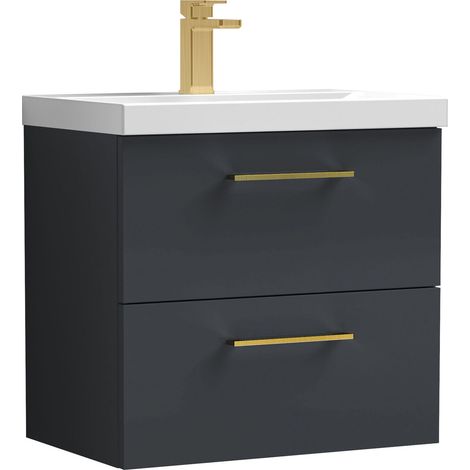 Balterley 600mm Wall Hung Bathroom 2 Drawer Vanity Unit and 1 Tap Hole Ceramic Basin, Satin Dark Grey with Brushed Brass Handles