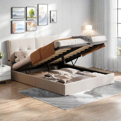 Letto 140x200 cm - 250205QLT - LED - idraulico - Moderno - Velluto - struttura letto matrimoniale 140x200 cm - beige