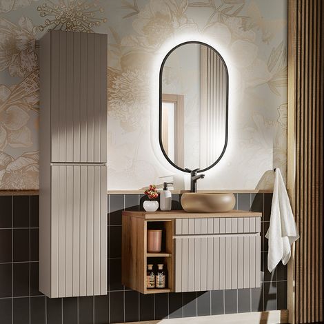 Ensemble meuble simple vasque 80cm 2 niches et colonne Zelie Cachemire et Bois (1/5)