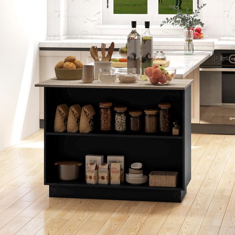 Desserte îlot de cuisine étagère réglable 2 compartiments ouverts 2 placards plan de travail effet bois 105 x 60 cm noir