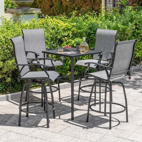 Avestar 5-tlg. Gartenbar Set, 4 drehbare Barhocker aus Textilene, Bartisch mit Lattenrost und Schirmloch, Grau und Schwarz