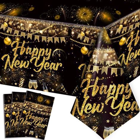 3 pezzi Tovaglie da festa Festa di Capodanno 2026 Set di 137x274cm Oro nero Rettangolare