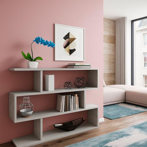Bibliothèque basse double face, Etagère à trois compartiments, Etagère de bureau moderne, 110x24h97 cm, Gris béton (1/5)