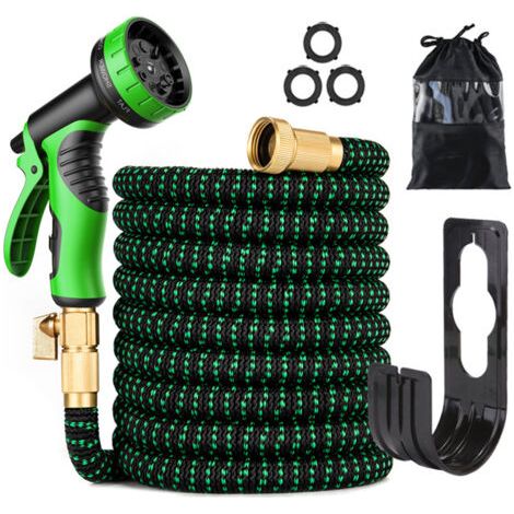 Tuyau d'arrosage 15m,Tuyau d’arrosage Extensible avec 1/2" et 3/4" (19mm et 13mm) Adaptateurs, Latex Triple Épaisseur Durable avec Raccords en Métal et Sac, Vert (1/3)