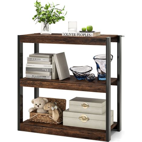 COSTWAY 3 Tier Bookshelf Wooden Bookcase with Dual Anti-Tipping Kits Brown (1/5)