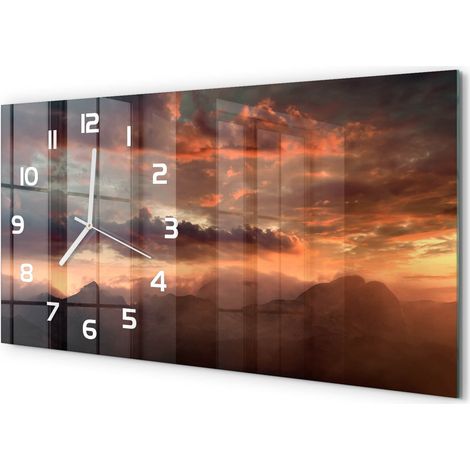 Horloge Murale Panoramique Artistique 60x30 cm Verre Trempé Design Original Montagnes au coucher du soleil (1/5)