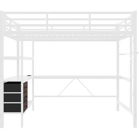 Lit mezzanine 140 x 200 cm blanc en métal et MDF avec bureau LED prises USB 3 tiroirs et étagères (1/5)