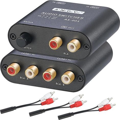 RCA / 3,5 mm 1 entrée 2 sorties / 2 entrées 1 sortie commutateur audio bidirectionnel, 2 voies stéréo L/R canal sonore haut-parleur casque audio commutateur sélecteur répartiteur (Noir) (1/5)