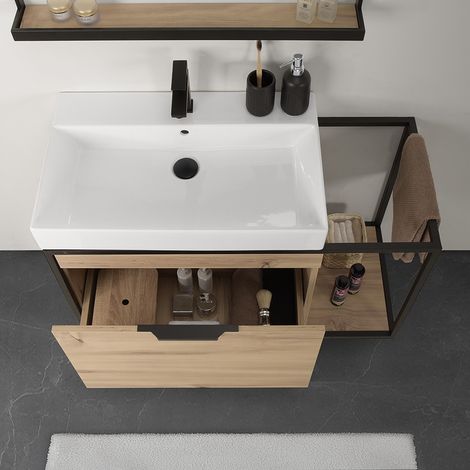 Mobile bagno sospeso 100 cm in legno e metallo nero con specchio Zante (1/5)
