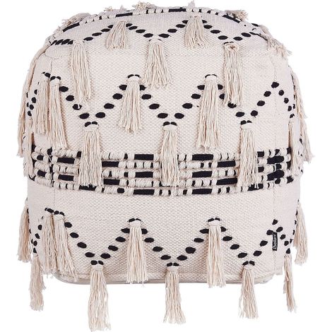 Pouf de forme Cubique 50 x 50 cm au Style Bohème fabrique en Tissu Coton Beige et Noir avec des Pompons Décoratifs Beliani (1/5)