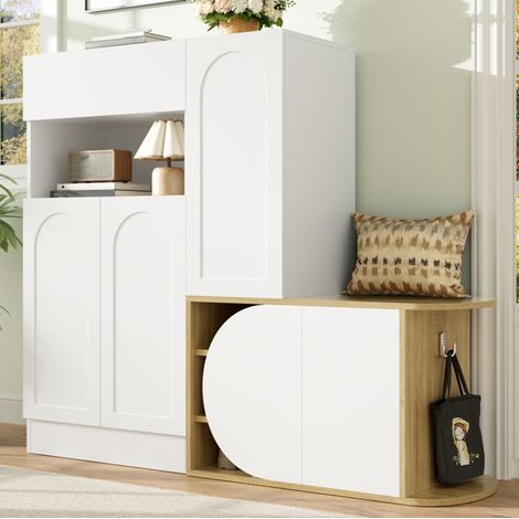 MEUBLIV Schuhschrank mit Sitzbank 130x35x110,5 cm, Weiß und Holzoptik, 5 Türen, 1 Schublade (1/5)