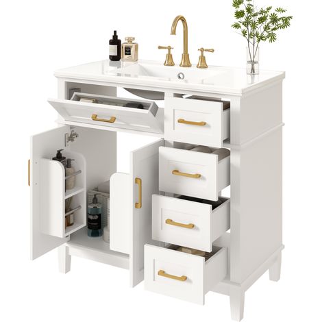 CHICFURN Mueble lavabo baño blanco con lavabo cerámico integrado, 5 cajones, armario doble, tiradores dorados y patas de madera, 90 x 46 x 87 cm (1/5)