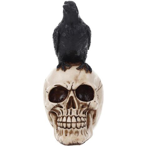 Corbeau sur la décoration d'crâne, Corbeau Gothique sur la Statue crâne, Oiseau perché sur la Figurine Squelette, Sculpture Macabre d'ossuaire (1/5)