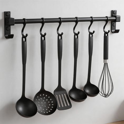Patère de cuisine 40 cm, barre de suspension en aluminium pour ustensiles de cuisine avec crochets mobiles, rail de cuisine multifonction, noir, pour cuisine, salle de bain et couloir (1/4)