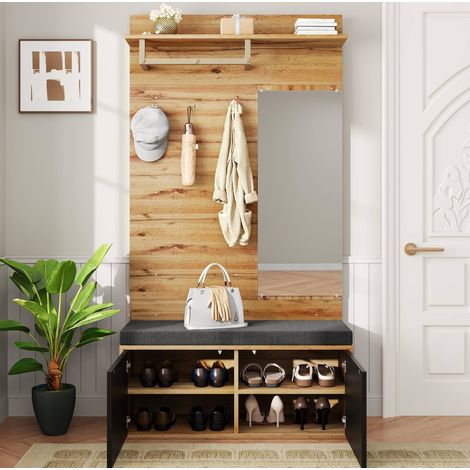 Meuble d’entrée avec miroir, assise et porte-chaussures 100 x 38 x 190 cm noir et bois HAVRYA (1/5)