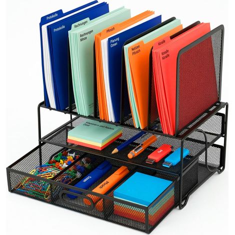 Relaxdays organizador de escritorio, porta carpetas con cajón y 6 bandejas, 36 x 35 x 24,5 cm, acero negro
