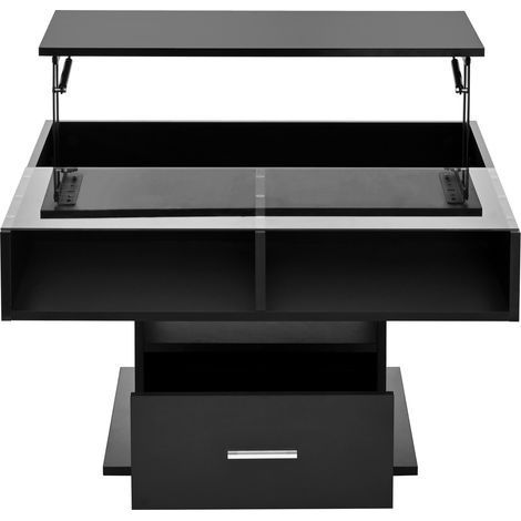 ELVMI Table basse relevable avec 1 Tiroir et 1 Niche ouverte LED pour Salon en Panneaux de particules Noir 78 × 78 × 45,5 cm (1/4)