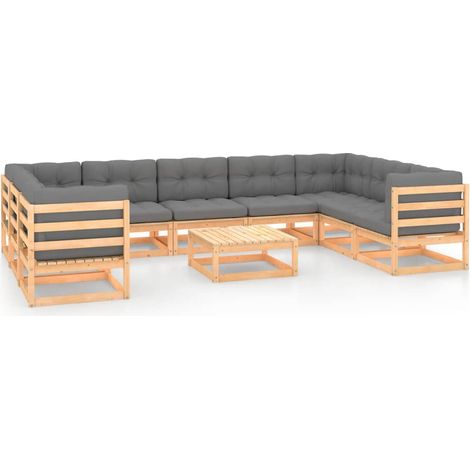 Set Salotto Giardino 10pz Cuscini Antracite Legno Massello Pino vidaXL (1/5)