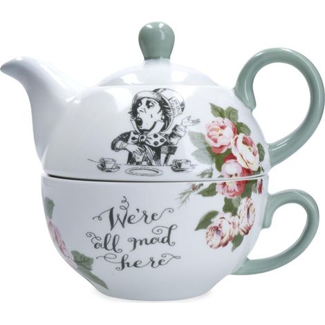 Mikasa and The V&A Tea for One - Juego de tetera y taza, juego de té de porcelana china para uno, juego de té de Alicia en el país de las maravillas, apto para lavavajillas y en caja de regalo