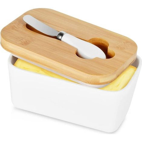 Beurrier en Porcelaine avec Couvercle, Boîte à Beurre 500g avec Couteau Intégré, Rangement pour Réfrigérateur ou Plan de Travail, Compatible Lave-Vaisselle, Blanc (1/5)