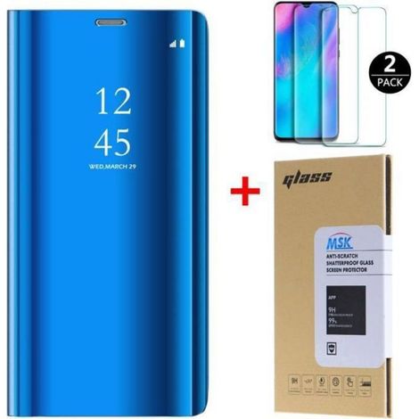 Coque Huawei P30 Lite et [2 Pack] Verre trempé Miroir Case Avec Stand Fonction Flip Protection Pour Huawei P30 Lite - Bleu (1/5)