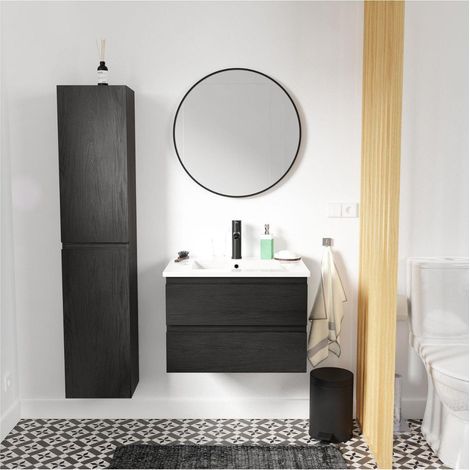 Ensemble meuble simple vasque 60cm décor chêne carbone + vasque + robinet + miroir + colonne