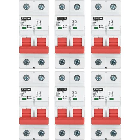 Lot de 6 Interrupteur Sectionneur Bipolaire CILIA (2P) 400V AC Coupure Générale d'Urgence, 2 Modules Interrupteur Principal pour Tableau Électrique Rail DIN 32A