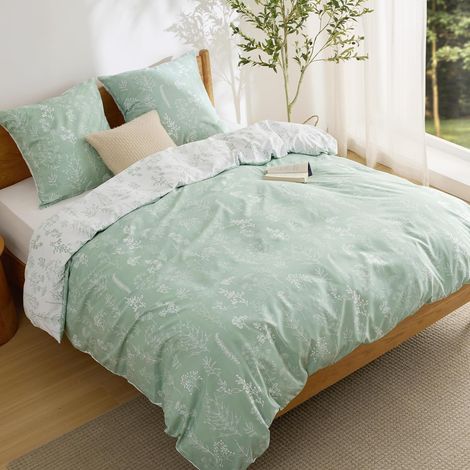 Housse de Couette 240x220 cm - Parure Réversible Polyester Oeko-TEX - Set de Literie 3 Pièces Housse de Couette 240x220 + 2 Taies d'oreiller 65x65 cm, Fermeture Éclair, Fleurs Vert (1/5)