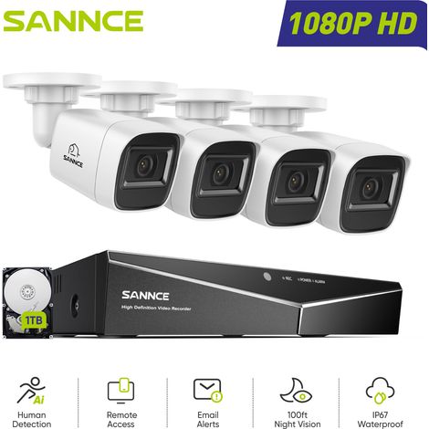 SANNCE 1080P Kit Cámaras de Vigilancia Cable,16CH con 4 Cámaras 2MP Sistema Cámara de Seguridad Visión Nocturna Acceso Remoto,1TB (1/5)