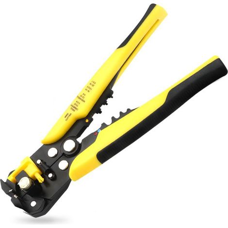 Schnellabisolierzange – Gelb-schwarzes Modell: Gesamtlänge 187 mm, Grifflänge 65 mm.