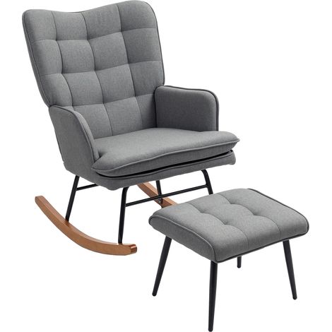 Fauteuil a bascule avec repose-pieds aspect lin gris fonce 64x89x90cm (1/5)